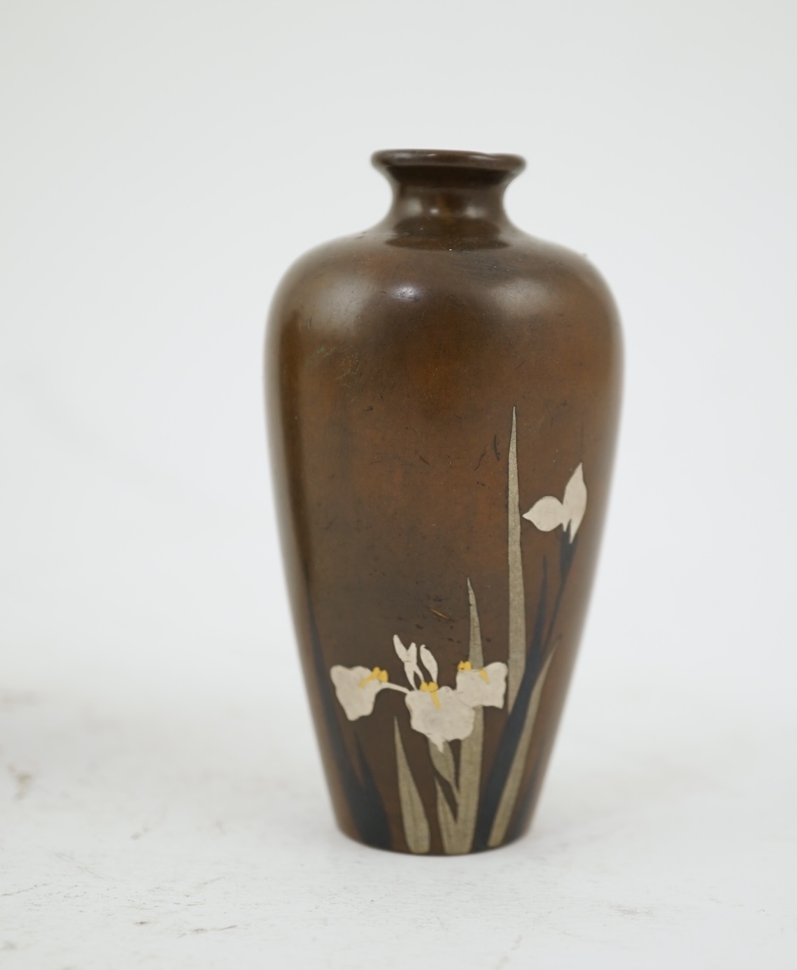 A pair of Japanese bronze and mixed metal miniature vases, by Noboru Nogawa, Meiji period